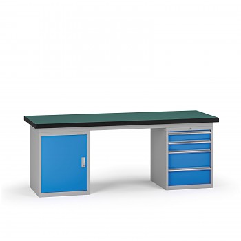 Pracovní stůl do dílny G8, 2100 x 750 x 800 mm, 1x skříňka, 1x kontejner, 4 zásuvky, modrá