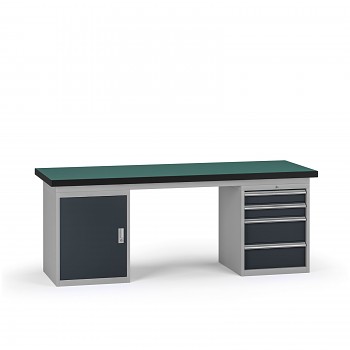 Pracovní stůl do dílny G8, 2100 x 750 x 800 mm, 1x skříňka, 1x kontejner, 4 zásuvky, grafit