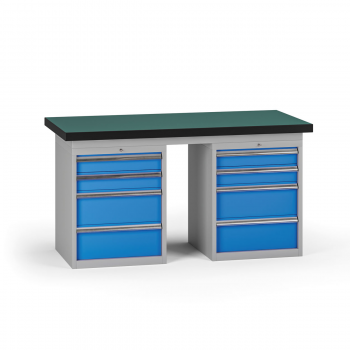 Pracovní stůl do dílny G8, 1500 x 750 x 800 mm, 2x kontejner, 8 zásuvek, modrá
