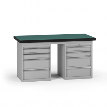 Pracovní stůl do dílny G8, 1500 x 750 x 800 mm, 2x kontejner, 8 zásuvek, šedá