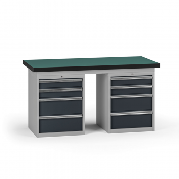 Pracovní stůl do dílny G8, 1500 x 750 x 800 mm, 2x kontejner, 8 zásuvek, grafit