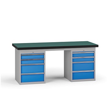 Pracovní stůl do dílny G8, 1800 x 750 x 800 mm, 2x kontejner, 8 zásuvek, modrá