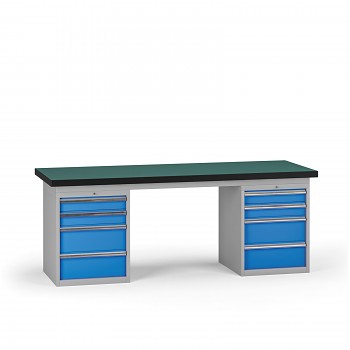 Pracovní stůl do dílny G8, 2100 x 750 x 800 mm, 2x kontejner, 8 zásuvek, modrá