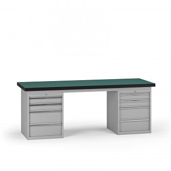 Pracovní stůl do dílny G8, 2100 x 750 x 800 mm, 2x kontejner, 8 zásuvek, šedá